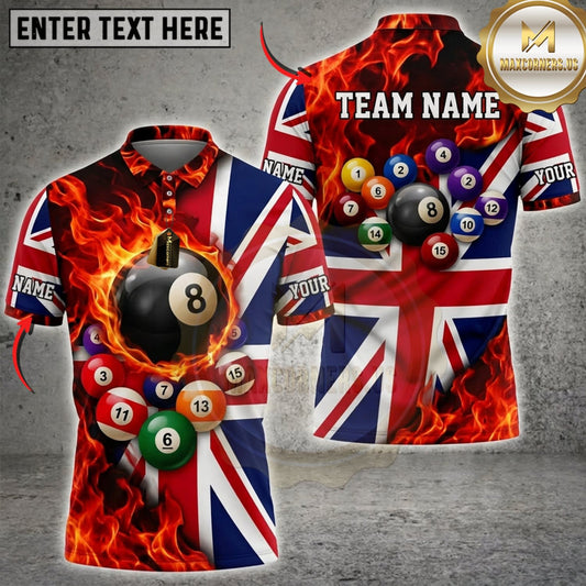 Maxcorners Billiards Union Jack Flag Flaming 8 Ball And Golden Pool Balls Personalized Name 3D Unisex Shirt