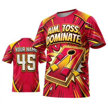 Maxcorners Cornhole Aim Toss Dominate Red Yellow Lightning Personalized Name 3D Unisex Shirt