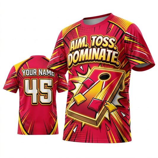 Maxcorners Cornhole Aim Toss Dominate Red Yellow Lightning Personalized Name 3D Unisex Shirt