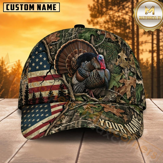 Maxcorners Turkey Hunting Wild Turkey Vintage American Flag Woodland Camo Customized Name 3D Cap