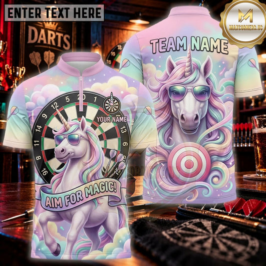 Maxcorners Darts Pastel Pink Unicorn Bullseye Personalized Name 3D Unisex Shirt