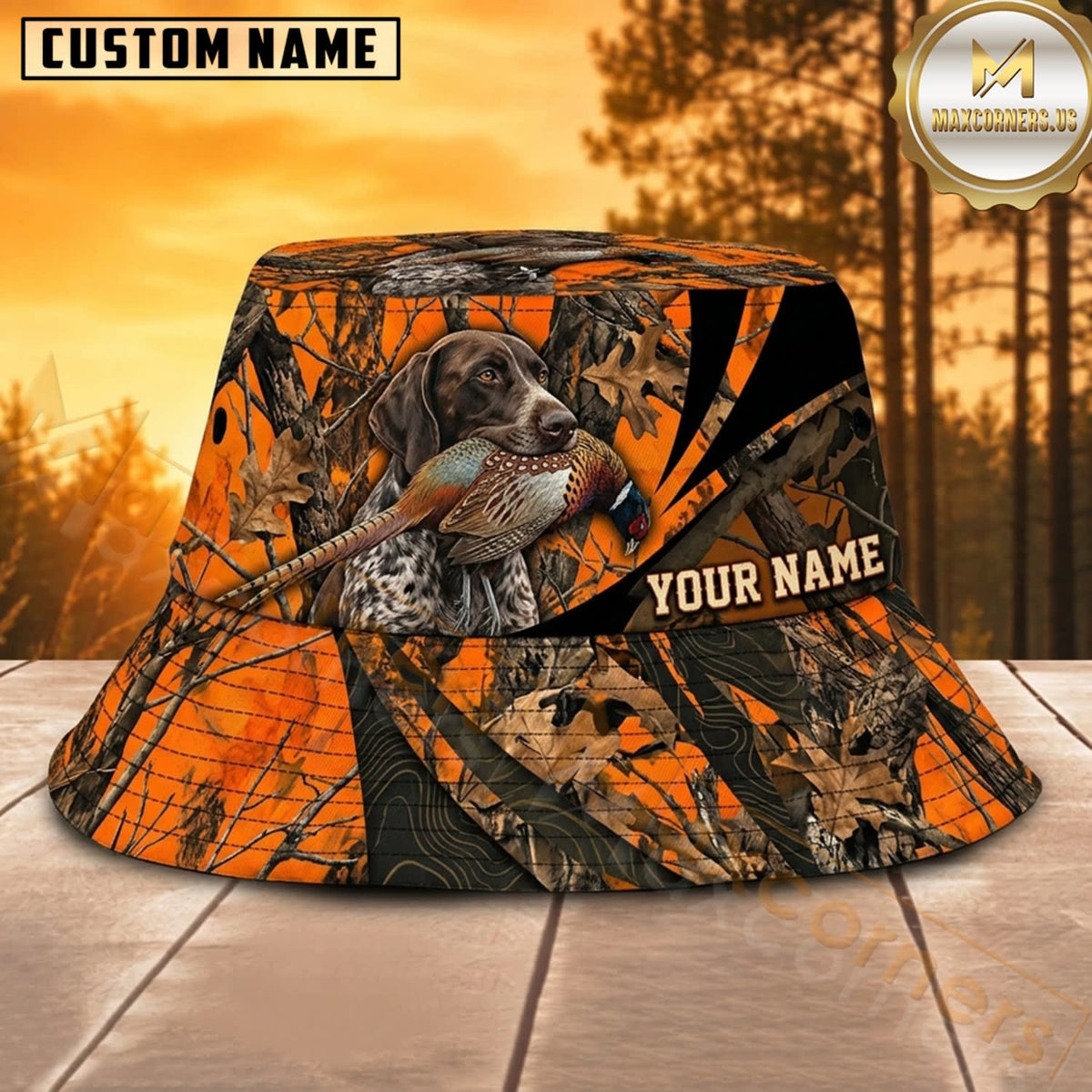 Maxcorners Duck Hunting Dog Orange Leaf Pattern Personalized Name 3D Bucket Hat