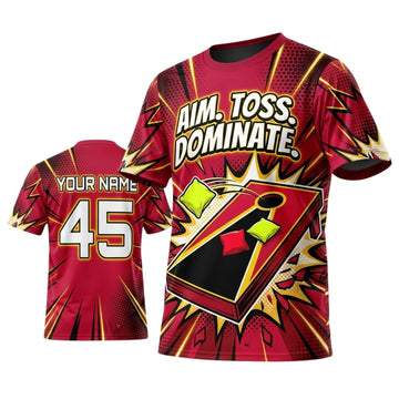 Maxcorners Cornhole Aim Toss Dominate Red Black Lightning Personalized Name 3D Unisex Shirt