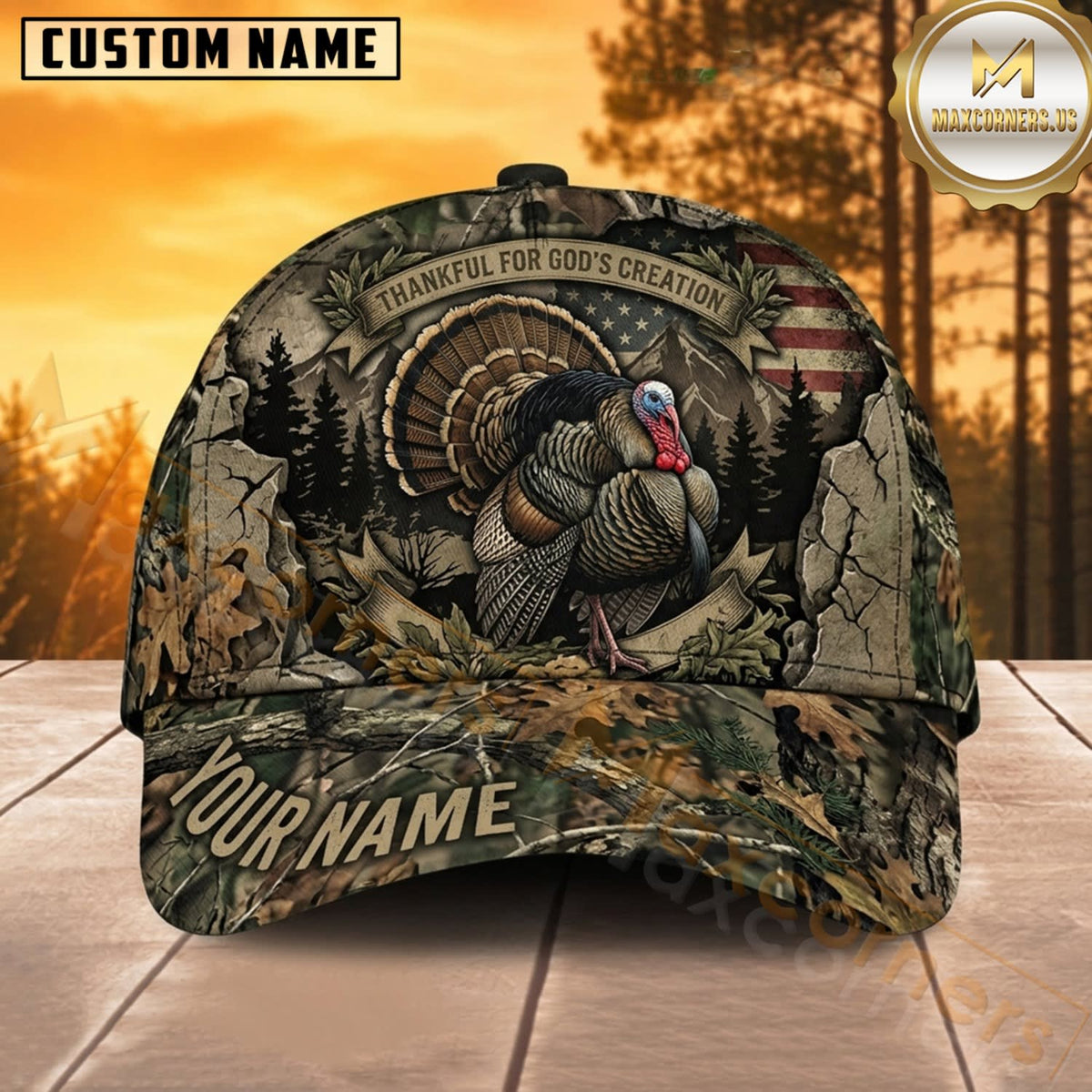 Maxcorners Turkey Hunting Wild Turkey Rustic Hunting Crest Woodland Camo Customized Name 3D Cap