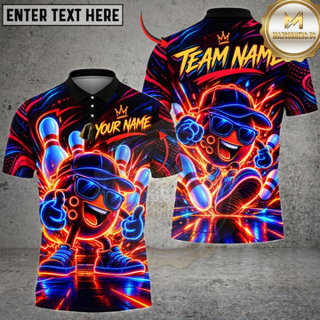 Maxcorners Bowling Neon Cyber Cartoon Character Mascot Cap Sunglasses Flying Pins Graphic Multicolor Customized Name, Team Name 3D Shirts