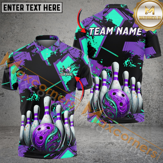 Maxcorners Ball And Pins Two World Collapse Graffiti Bowling Jersey Multicolor Option Customized Name, Team Name 3D Polo Shirt