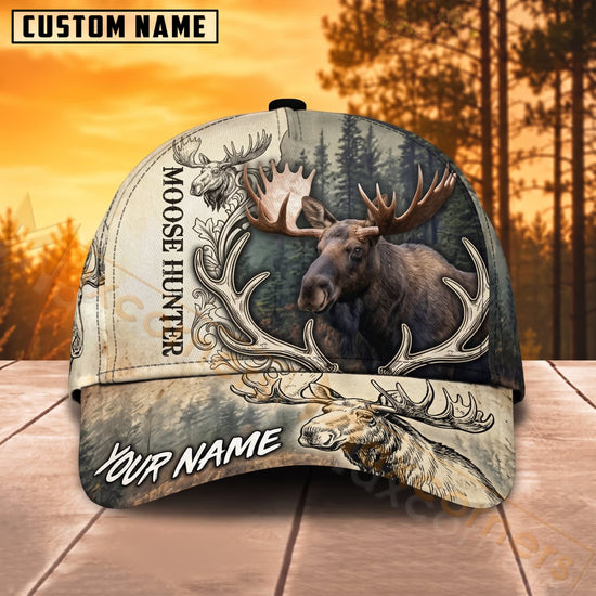 Maxcorners Moose Hunting Wilderness Sketch Personalized Name 3D Cap