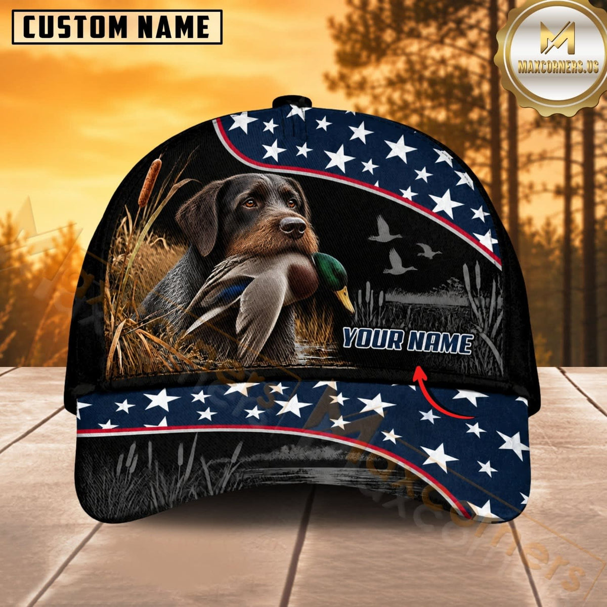 Maxcorners Dog Hunting And Duck Black Navy American Stars And Stripes Personalized Name 3D Cap
