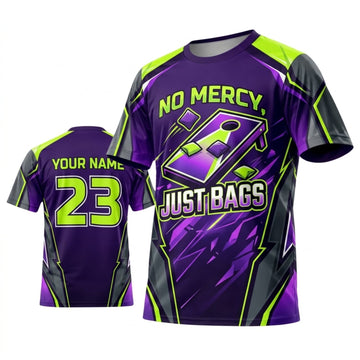 Maxcorners Cornhole No Mercy Just Bags Neon Green Purple Personalized Name 3D Unisex Shirt