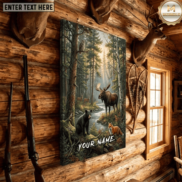 Maxcorners Moose Hunting Moose Deer Black Bear Fox Owl Forest River Sunrise Wildlife Scene Canvas Wall Art