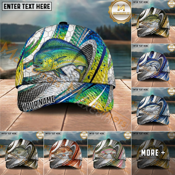 Maxcorners Fishing Fish Scale Silver Stripe Multi Options Personalized Name 3D Cap (11 Fish Species)