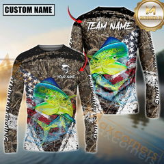 Maxcorners Mahi-Mahi Fishing American Flag Scratch Grass Camo Custom Name & Team Name 3D Shirts