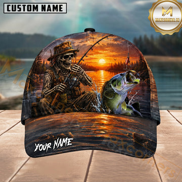 Maxcorners Fishing Skull Angler Sunset Lake Personalized 3D Cap