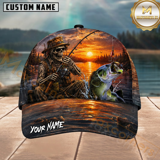 Maxcorners Fishing Skull Angler Sunset Lake Personalized 3D Cap
