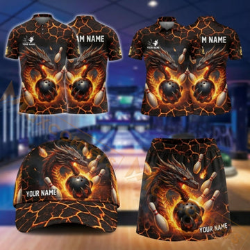 Maxcorners Bowling Fire Skull Flaming Design Personalized Team Sportswear Set - Polo Shirt, Cap & Skorts