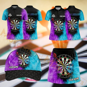 Maxcorners Darts Purple Teal Abstract Dartboard Design Personalized Team Sportswear Set - Polo Shirt, Cap & Skorts