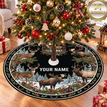 Maxcorners Hunting Deer Moose Wildlife Forest Personalized Name 3D Christmas Tree Skirt
