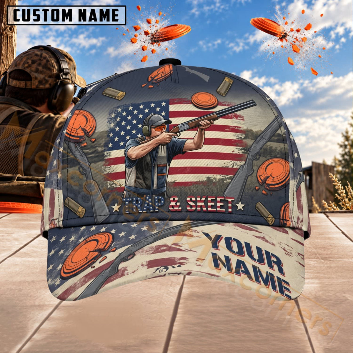 Maxcorners Trap & Skeet Shooting American Flag Clay Range Personalized Name 3D Cap
