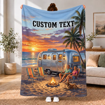 Maxcorners RVs Travel Trailer Tropical Beach Sunset Custom Name 3D Blanket
