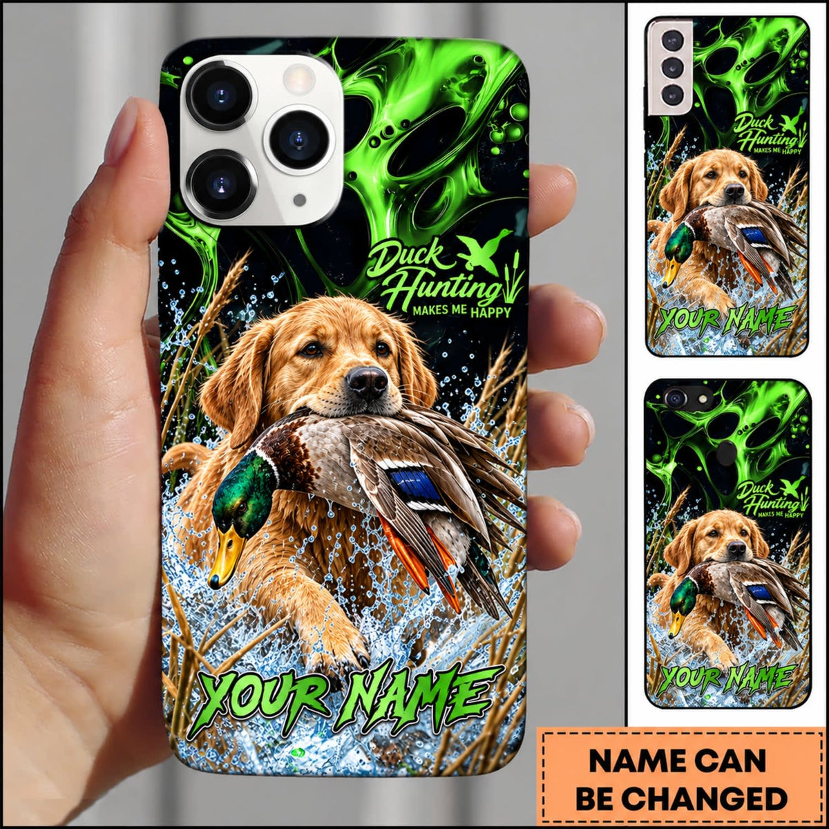 Maxcorners Duck Hunting Golden Retriever Green Lightning Water Splash Personalized Name 3D Phone Case - Chocolate Labrador Retriever
