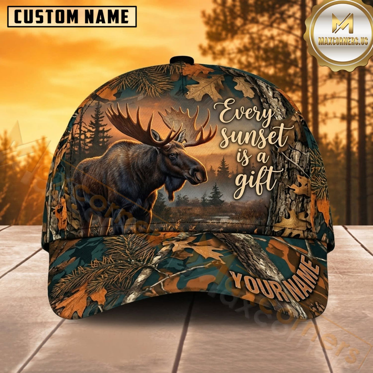 Maxcorners Moose Hunting Bull Moose Every Sunset Is a Gift Autumn Camo Customized Name 3D Cap