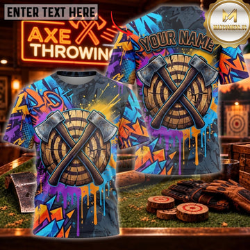 Maxcorners Axe Throwing Colorful Graffiti Crossed Axes Personalized Name 3D Unisex Shirt