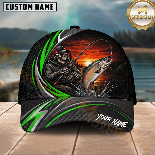 Maxcorners Fishing Skull Angler Green Wave Personalized 3D Cap