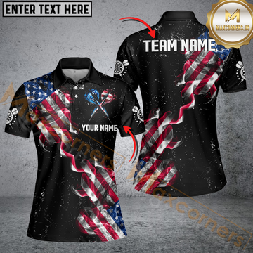 Maxcorners Customized Grunge Us Flag Smoke Darts Polo Shirts, Patriotic Darts Jerseys For Women