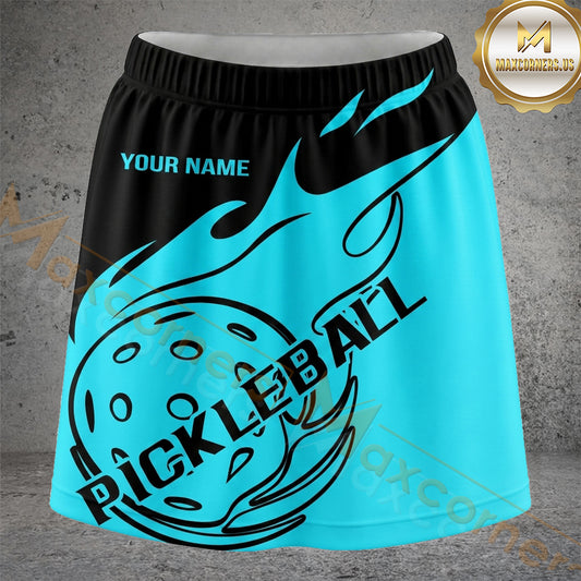 Maxcorners Pickleball Aqua Flame Ball Typography Personalized 3D Skort, Skirts With Shorts