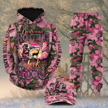 Maxcorners Hunting Pink Deer Antlers Woodland Camo Personalized 3D Combo Hoodie, Sweatpants Set & Cap