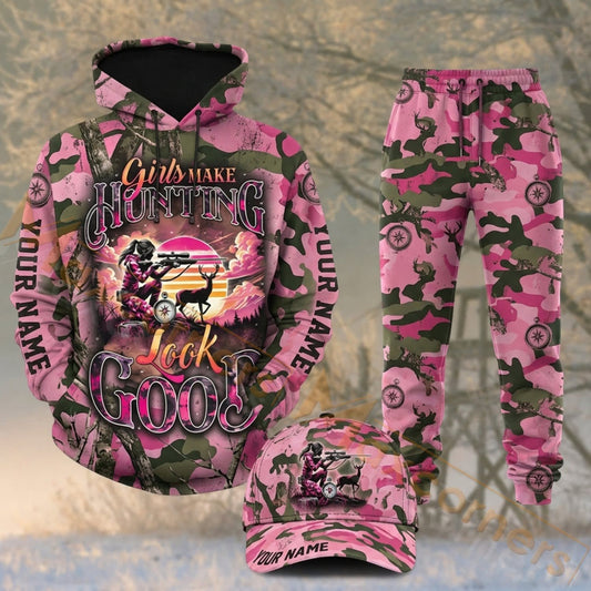 Maxcorners Hunting Pink Deer Antlers Woodland Camo Personalized 3D Combo Hoodie, Sweatpants Set & Cap
