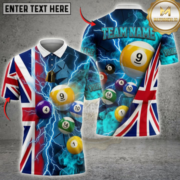 Maxcorners Billiards Union Jack Flag Blue Lightning And Colorful Pool Balls Personalized Name 3D Unisex Shirt