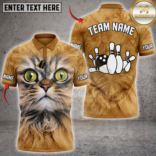 Maxcorners Bowling Cute Grumpy Cat Green Eyes White Bowling Pins Personalized Name 3D Unisex Shirt