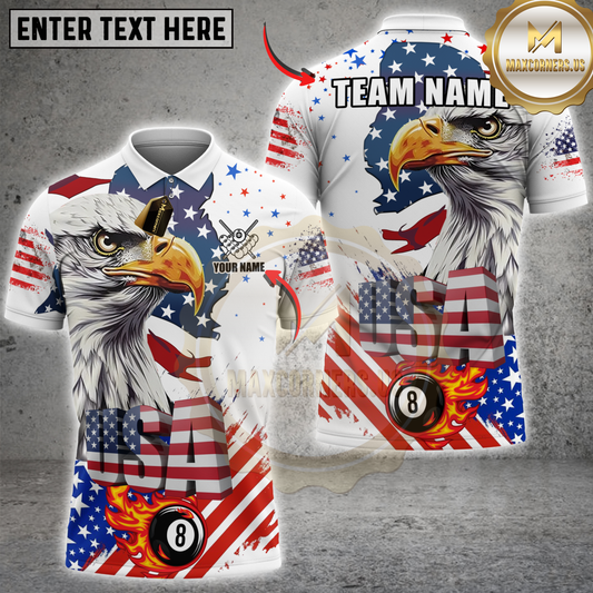 Maxcorners Billiards Sport USA Eagle Fire 8 Ball Flag Design Personalized Name 3D Unisex Shirt