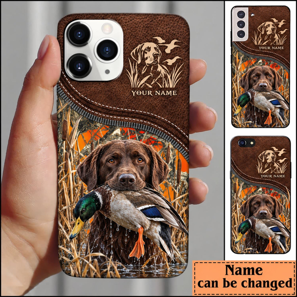 Maxcorners Duck Hunting Golden Retriever Brown Leather Hunting Badge Personalized Name 3D Phone Case - Chocolate Labrador Retriever