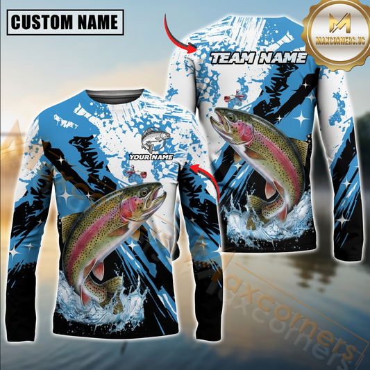 Maxcorners Fishing Blue Splash Graphic Design Sun Protection Personalized Name, Team Name Long Sleeve Shirt