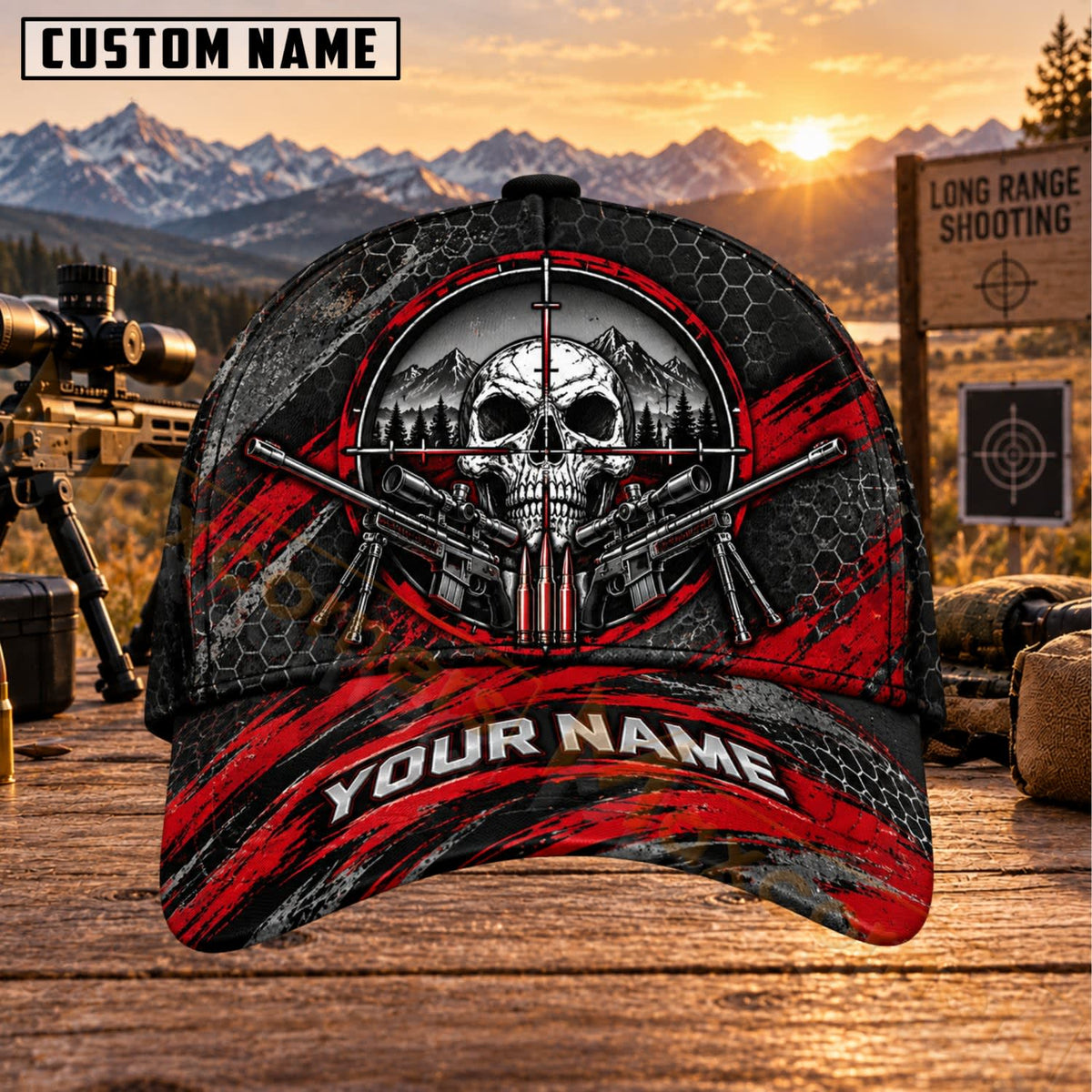 Maxcorners Long Range Shooting Skull Crossed Rifles Personalized Name 3D Cap