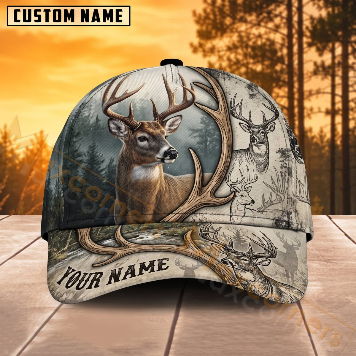 Maxcorners Deer Hunting Buck Wildlife Sketch Personalized Name 3D Cap