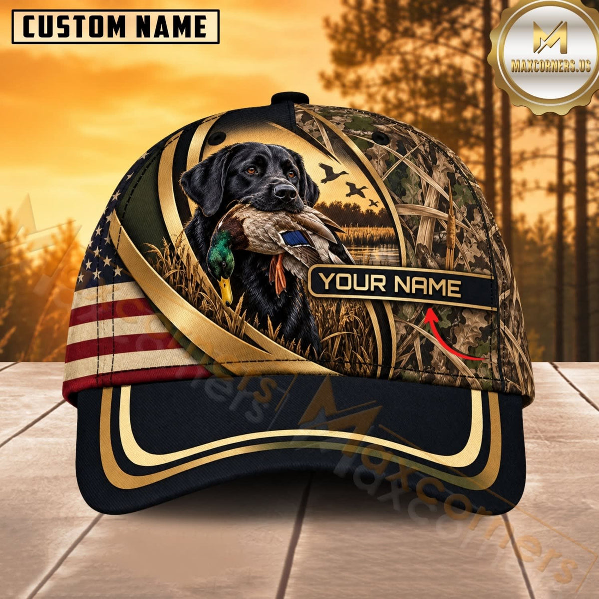 Maxcorners Dog Hunting And Duck Woodland Camo Gold Ribbon American Flag Personalized Name 3D Cap