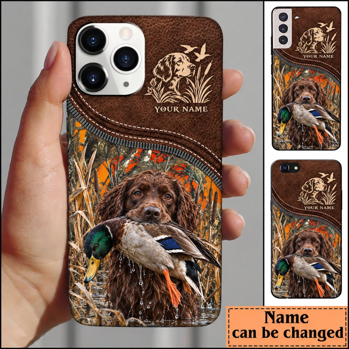Maxcorners Duck Hunting Golden Retriever Brown Leather Hunting Badge Personalized Name 3D Phone Case - Boykin Spaniel