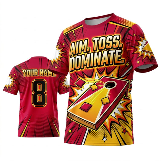 Maxcorners Cornhole Aim Toss Dominate Red Gold Personalized Name 3D Unisex Shirt