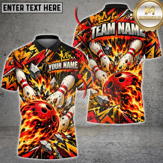 Maxcorners Bowling Fiery Inferno Strike Ball Explosive Pins Broken Rocks Crown Graffiti Artwork Multicolor Customized Name, Team Name 3D Shirts