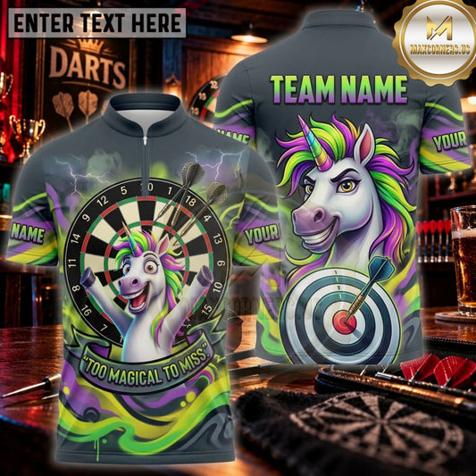 Maxcorners Darts Dark Green Punk Unicorn Bullseye Personalized Name 3D Unisex Shirt