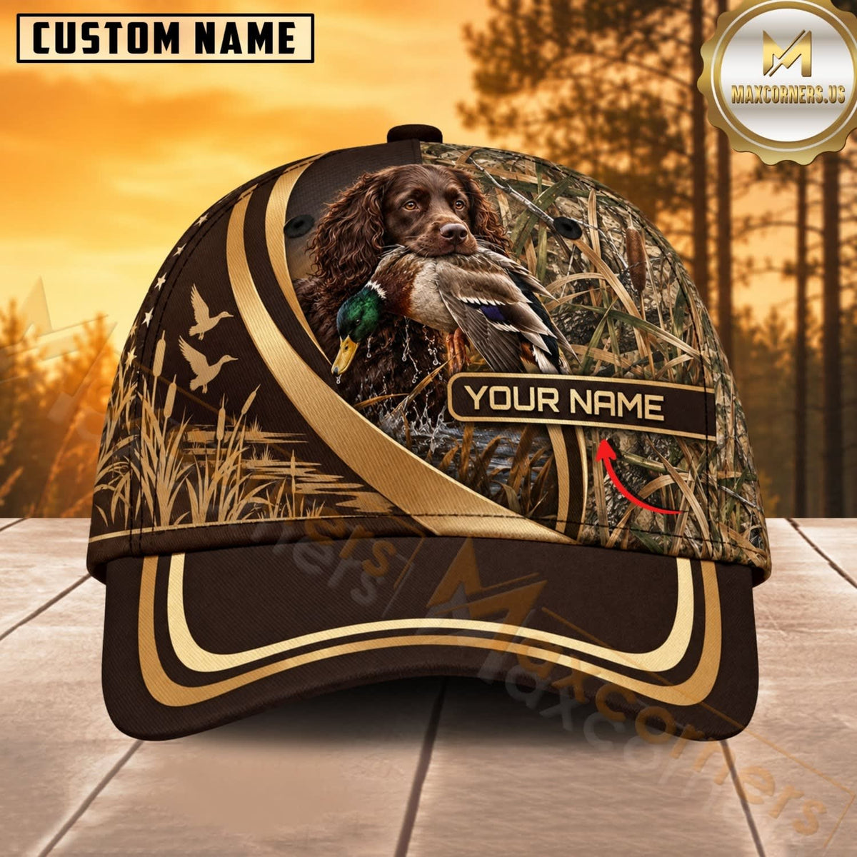 Maxcorners Dog Hunting And Duck Woodland Camo Gold Ribbon American Flag Personalized Name 3D Cap