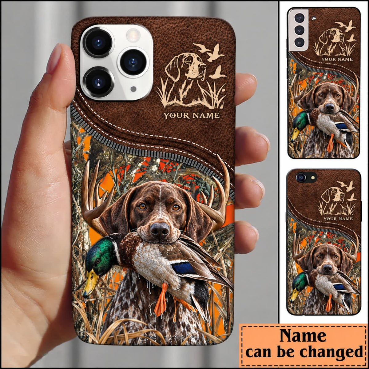 Maxcorners Duck Hunting Golden Retriever Brown Leather Hunting Badge Personalized Name 3D Phone Case - German Shorthaired Pointer