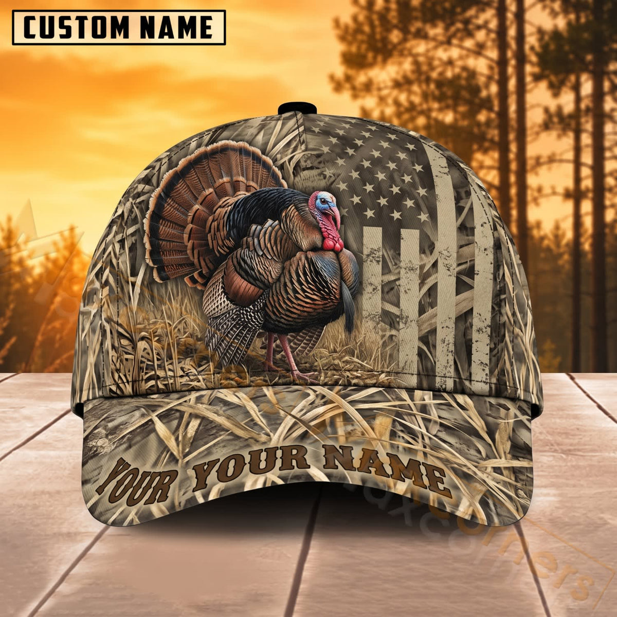 Maxcorners Turkey Hunting American Flag Woodland Personalized Name 3D Cap