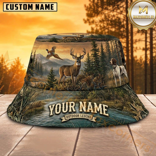 Maxcorners Deer Hunting Autumn River Landscape Personalized Name 3D Bucket Hat
