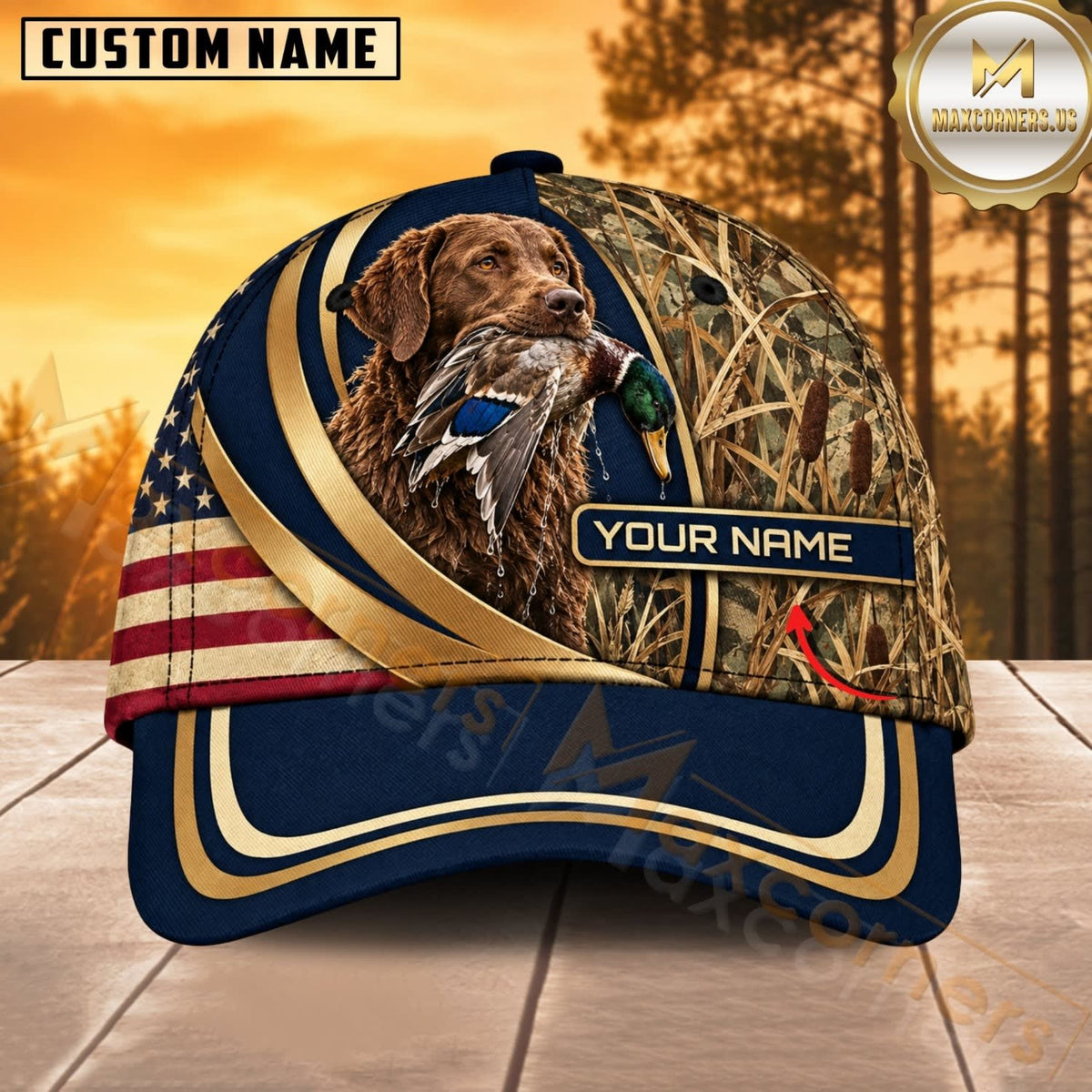 Maxcorners Dog Hunting And Duck Woodland Camo Gold Ribbon American Flag Personalized Name 3D Cap