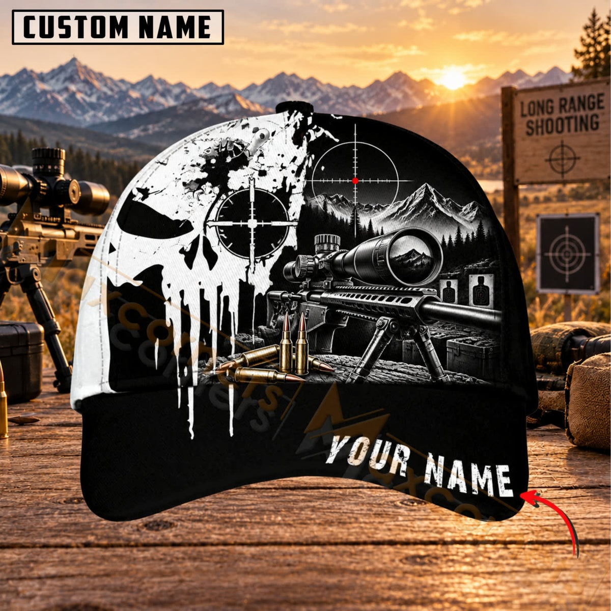 Maxcorners Long Range Shooting Black White Drip Sniper Personalized Name 3D Cap