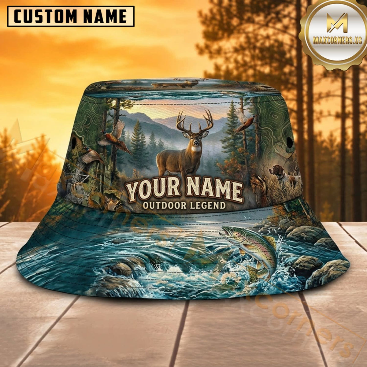 Maxcorners Deer Hunting Blue Mountain River Personalized Name 3D Bucket Hat